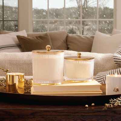 Thymes Frasier Fir Gilded Frosted Wood Grain Candle On Coffee Table